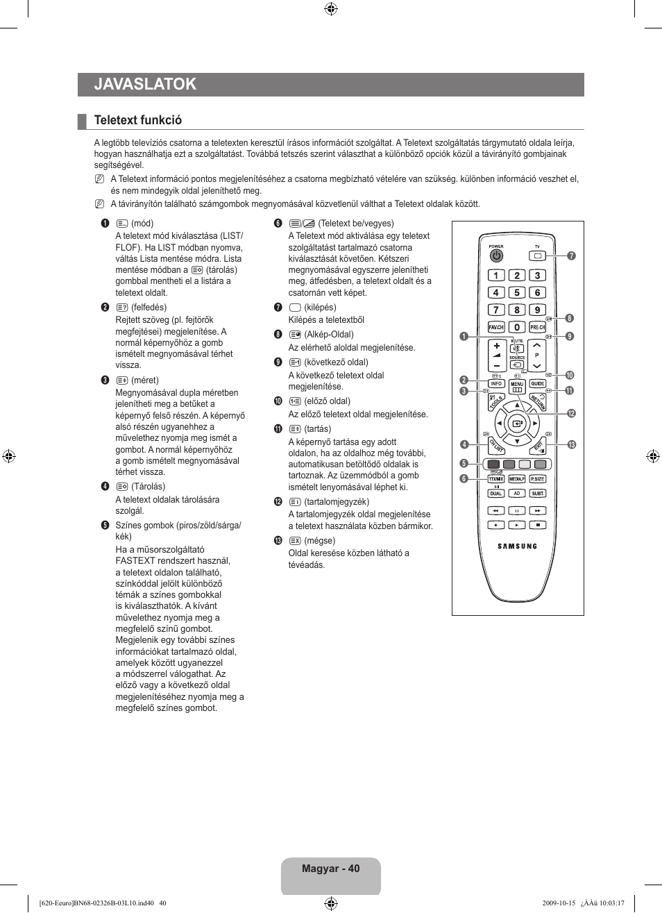 Javaslatok, Teletext funkció | Samsung LE46B620R3W User Manual | Page 104 / 502