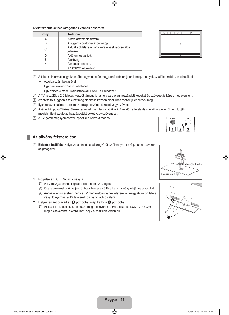 Az állvány felszerelése | Samsung LE46B620R3W User Manual | Page 105 / 502