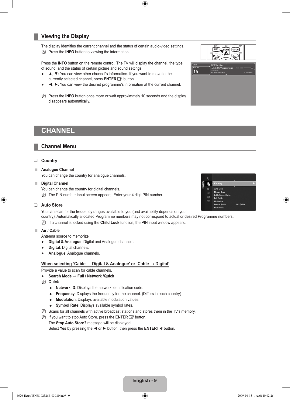 Viewing the display, Channel, Channel menu | Samsung LE46B620R3W User Manual | Page 11 / 502