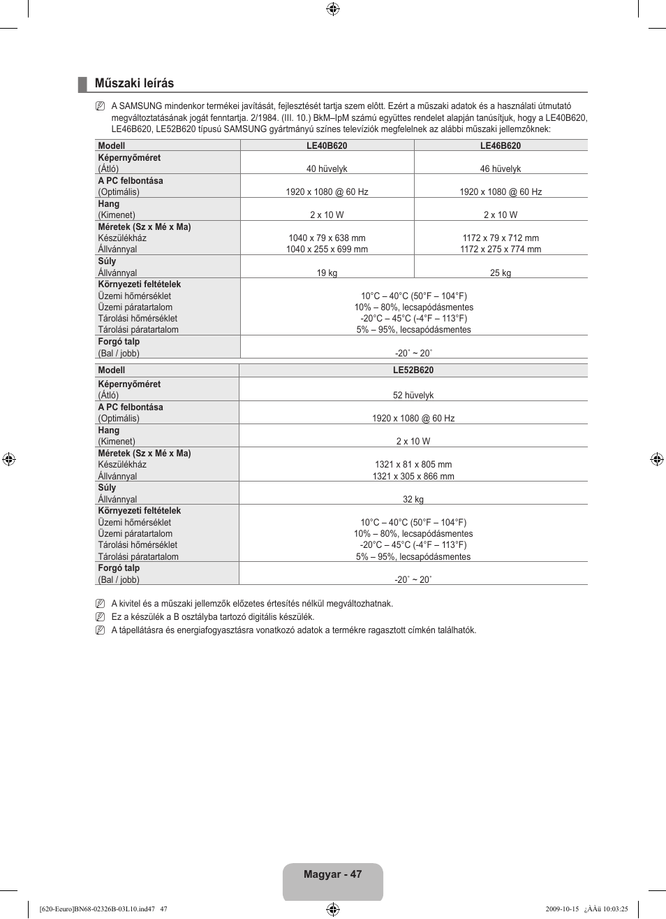 Műszaki leírás | Samsung LE46B620R3W User Manual | Page 111 / 502