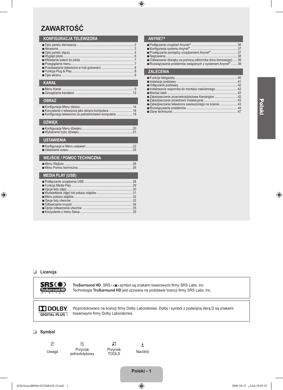 Zawartość, Polski | Samsung LE46B620R3W User Manual | Page 113 / 502