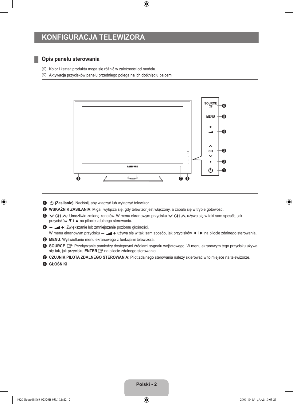 Konfiguracja telewizora, Opis panelu sterowania | Samsung LE46B620R3W User Manual | Page 114 / 502