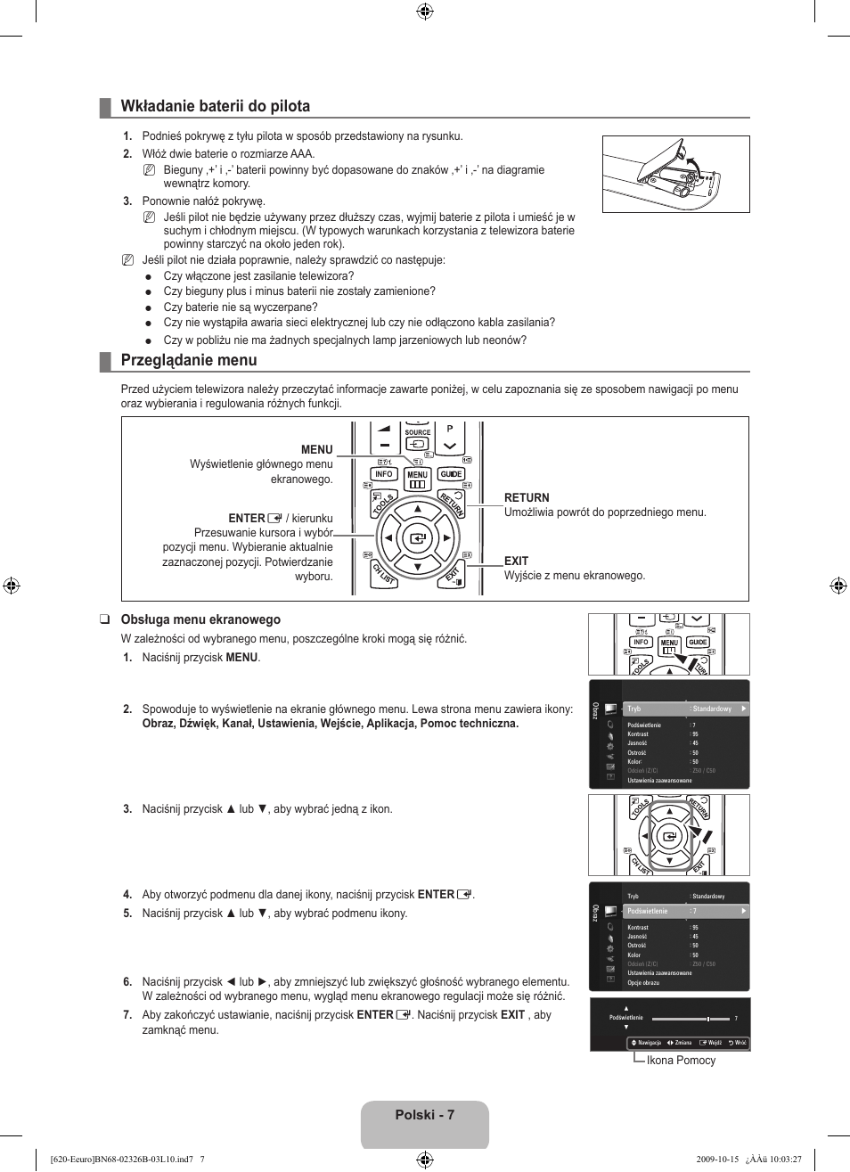 Operation, Wkładanie baterii do pilota, Przeglądanie menu | Polski, Obsługa menu ekranowego | Samsung LE46B620R3W User Manual | Page 119 / 502