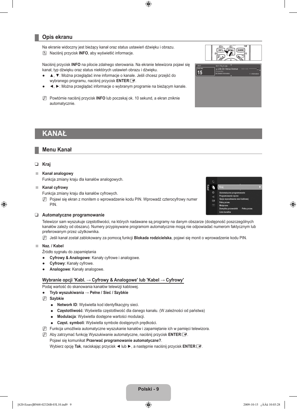 Kanał, Opis ekranu, Menu kanał | Samsung LE46B620R3W User Manual | Page 121 / 502