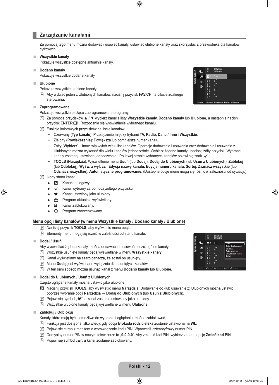 Zarządzanie kanałami, Polski - 12 | Samsung LE46B620R3W User Manual | Page 124 / 502