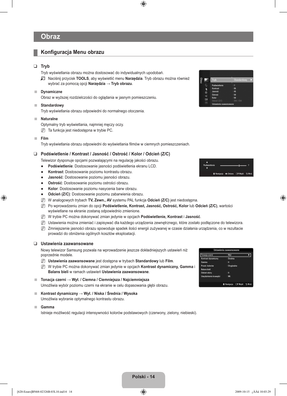 Obraz, Konfiguracja menu obrazu, Polski - 14 | Tryb, Ustawienia zaawansowane | Samsung LE46B620R3W User Manual | Page 126 / 502