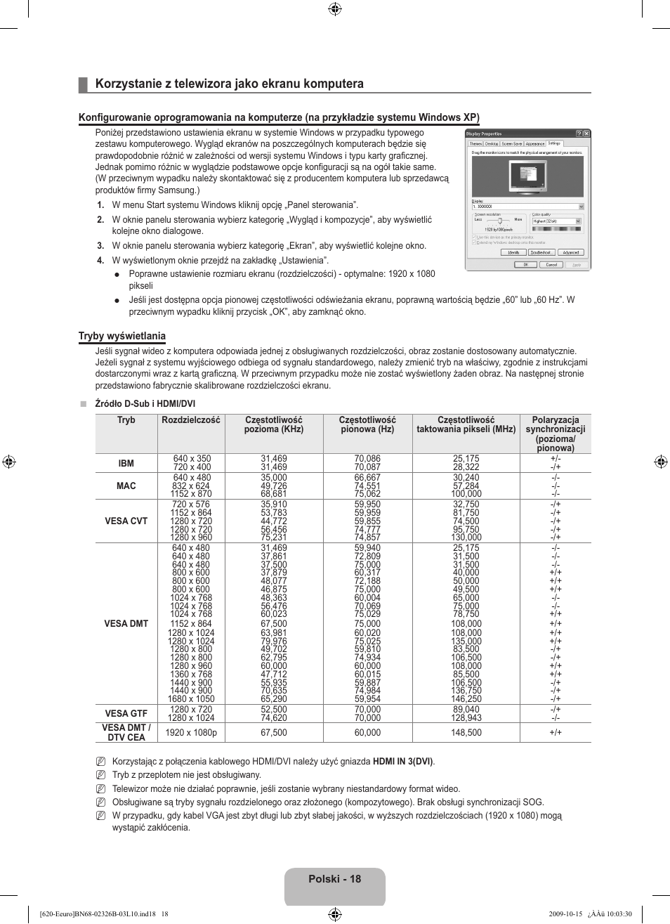 Korzystanie z telewizora jako ekranu komputera | Samsung LE46B620R3W User Manual | Page 130 / 502