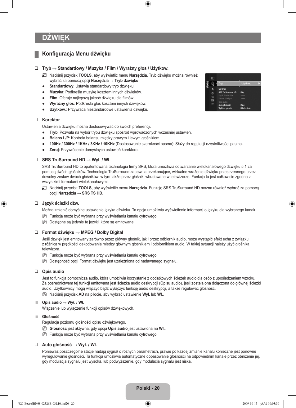 Dźwięk, Konfiguracja menu dźwięku | Samsung LE46B620R3W User Manual | Page 132 / 502