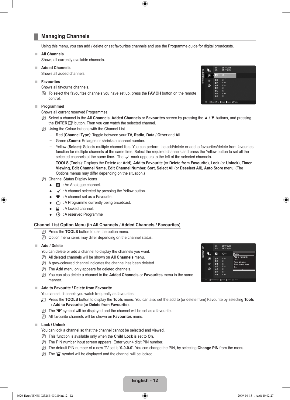 Managing channels, English - 12 | Samsung LE46B620R3W User Manual | Page 14 / 502