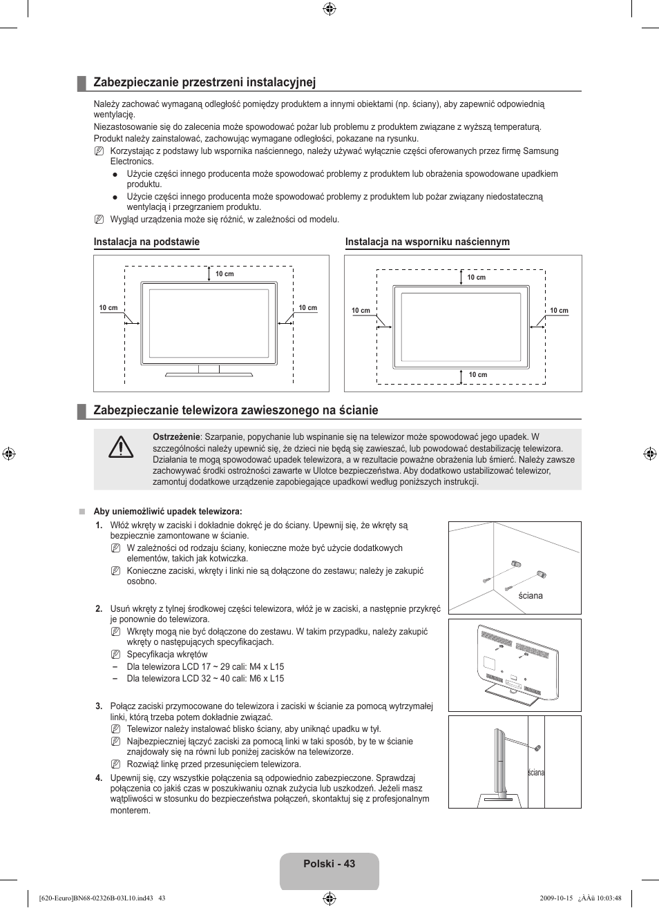 Zabezpieczanie przestrzeni instalacyjnej, Zabezpieczanie telewizora zawieszonego na ścianie | Samsung LE46B620R3W User Manual | Page 155 / 502