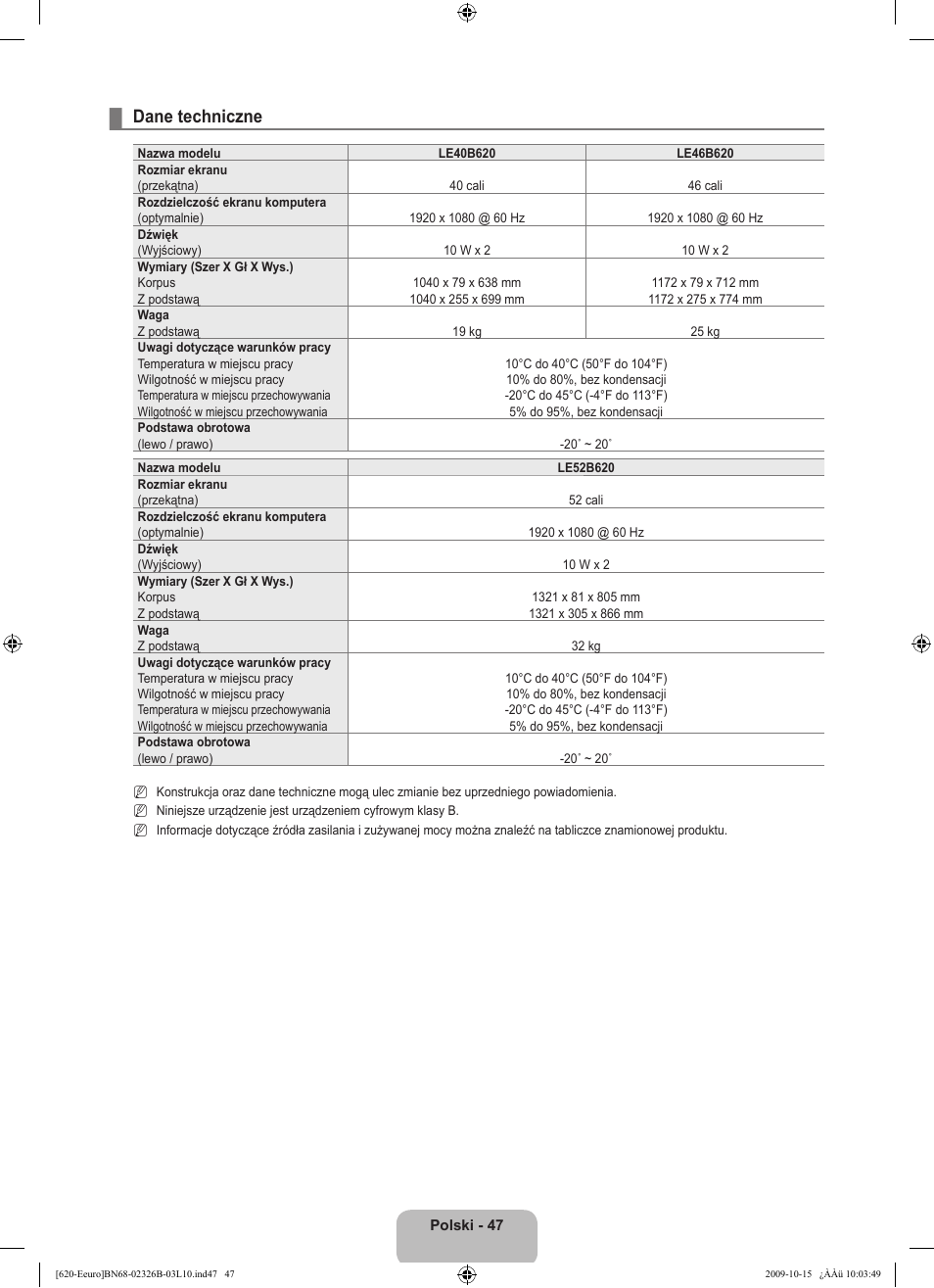 Dane techniczne | Samsung LE46B620R3W User Manual | Page 159 / 502