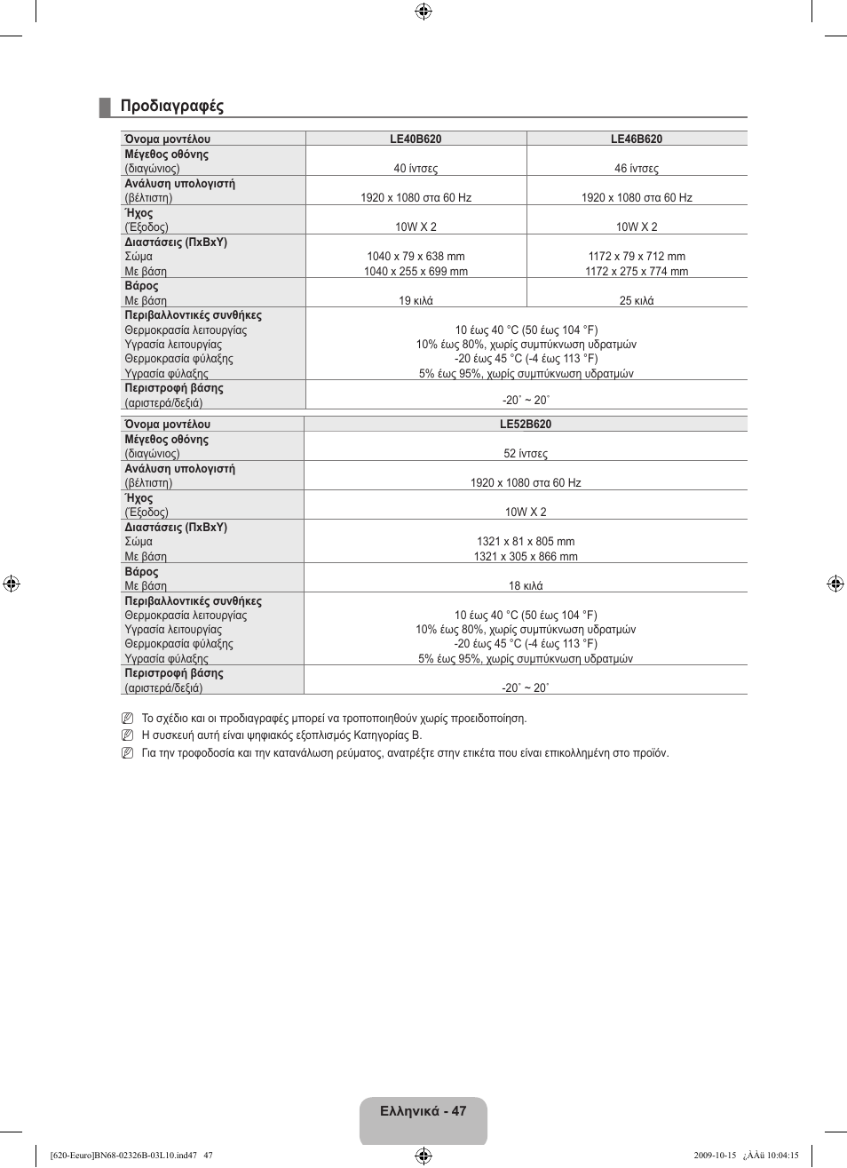 Προδιαγραφές | Samsung LE46B620R3W User Manual | Page 207 / 502