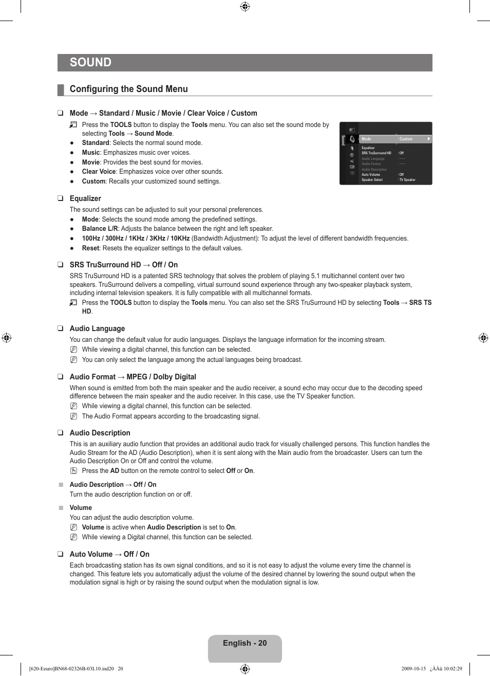 Sound, Configuring the sound menu | Samsung LE46B620R3W User Manual | Page 22 / 502