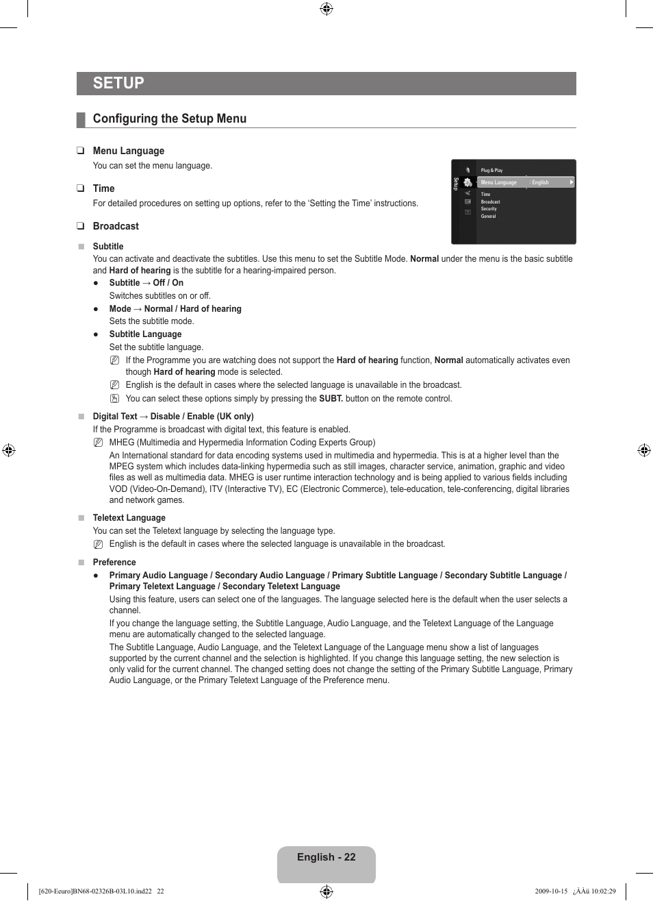 Setup, Configuring the setup menu | Samsung LE46B620R3W User Manual | Page 24 / 502