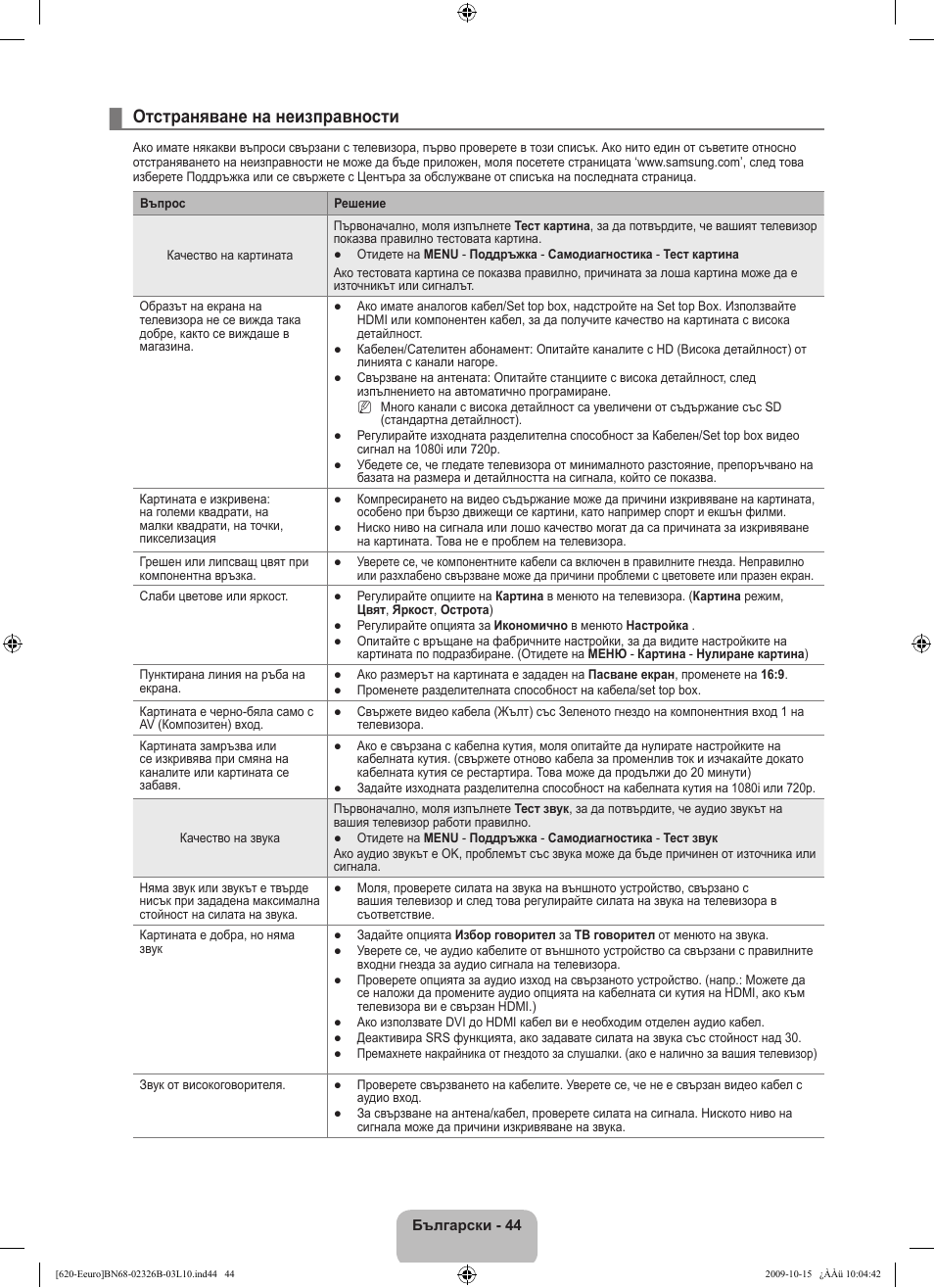 Отстраняване на неизправности | Samsung LE46B620R3W User Manual | Page 252 / 502