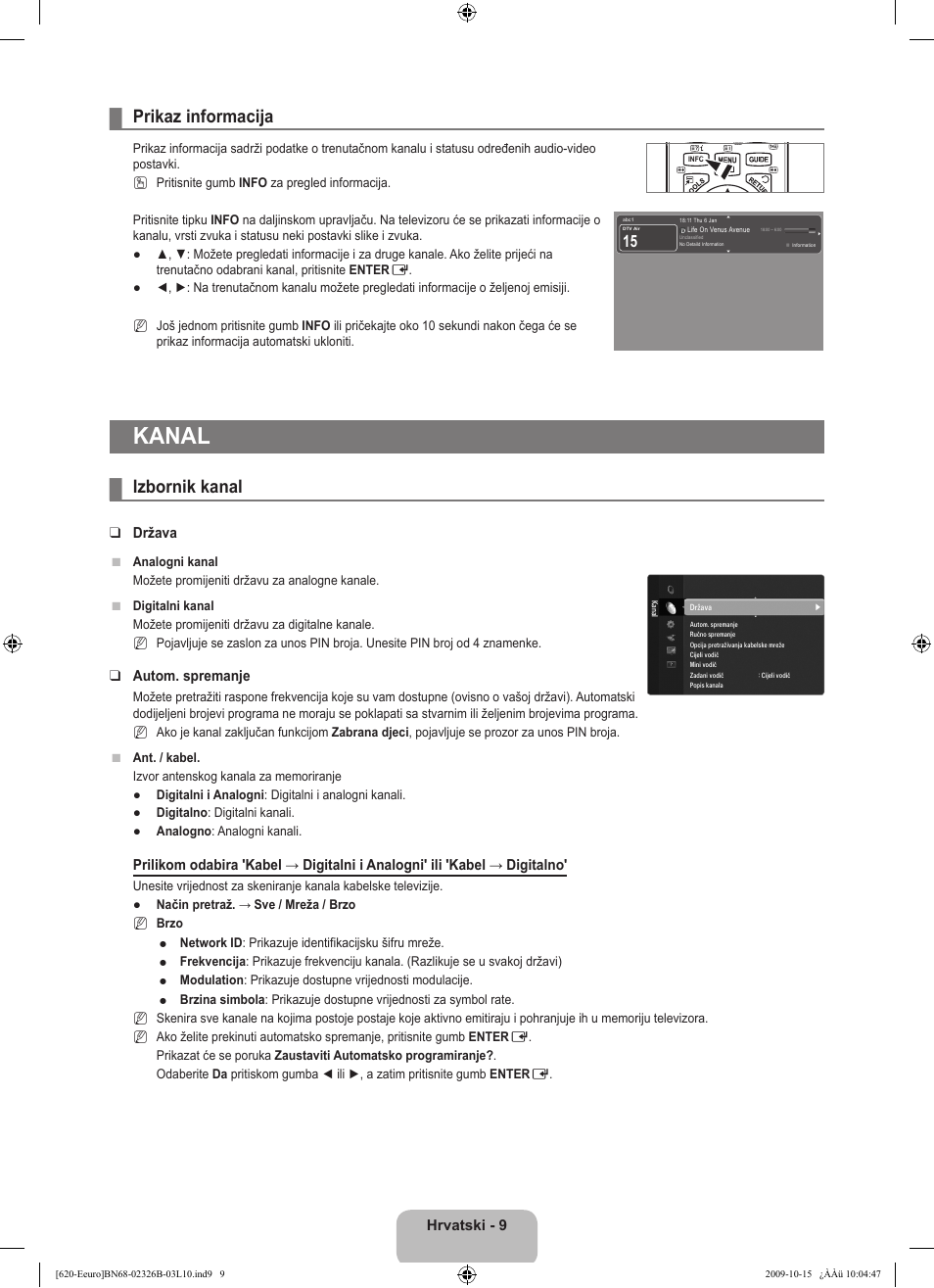 Kanal, Prikaz informacija, Izbornik kanal | Samsung LE46B620R3W User Manual | Page 265 / 502