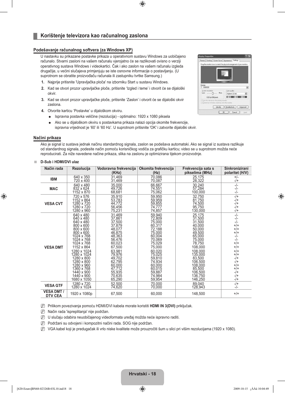 Korištenje televizora kao računalnog zaslona | Samsung LE46B620R3W User Manual | Page 274 / 502