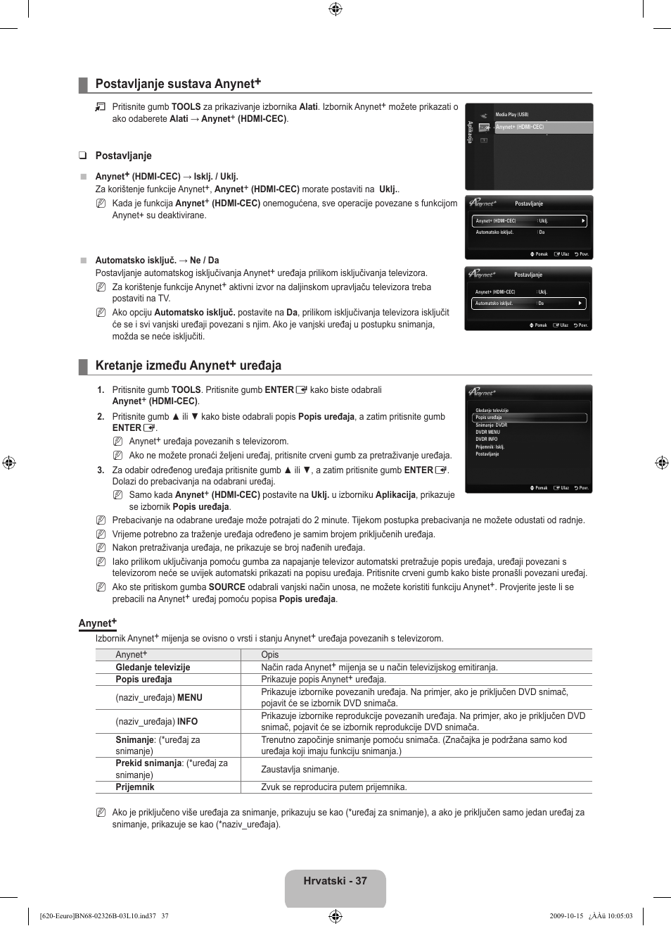 Postavljanje sustava anynet, Kretanje između anynet+ uređaja | Samsung LE46B620R3W User Manual | Page 293 / 502