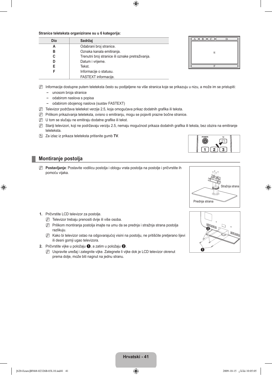 Montiranje postolja | Samsung LE46B620R3W User Manual | Page 297 / 502