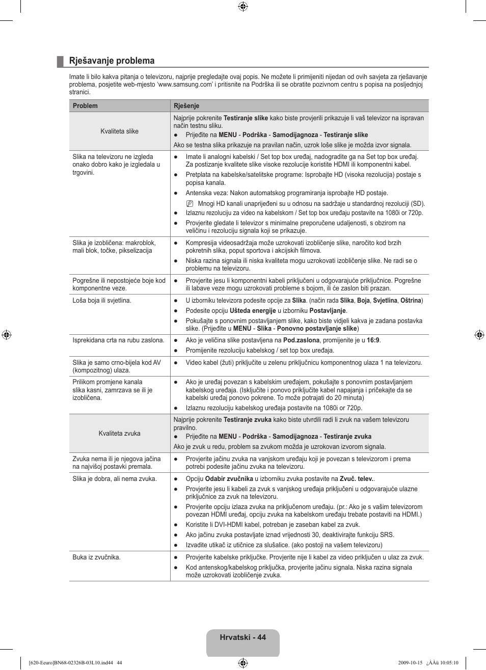 Rješavanje problema | Samsung LE46B620R3W User Manual | Page 300 / 502