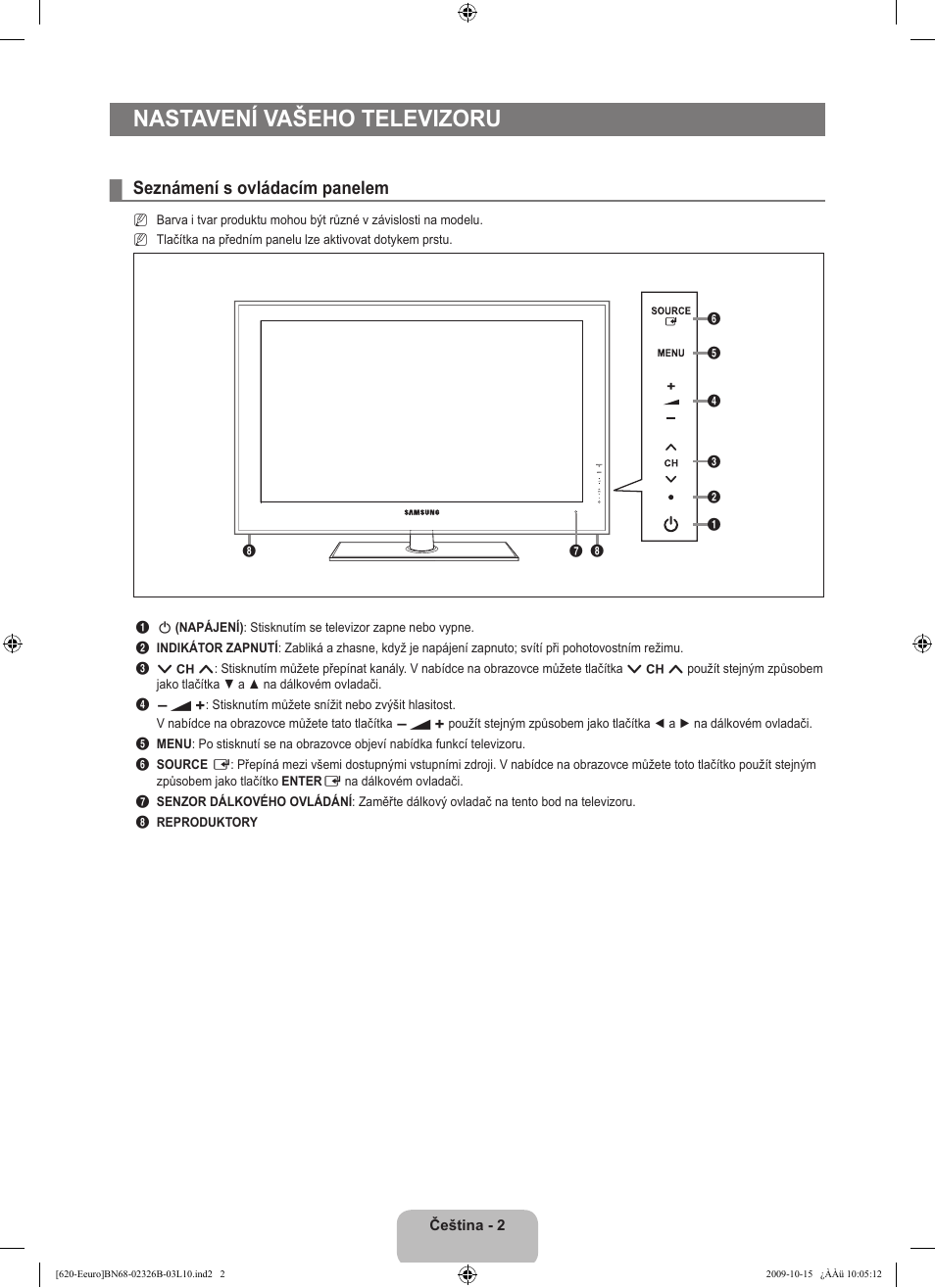 Nastavení vašeho televizoru, Seznámení s ovládacím panelem | Samsung LE46B620R3W User Manual | Page 306 / 502