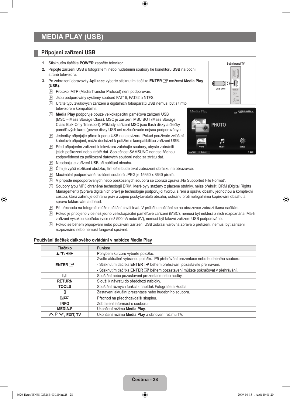 Media play (usb), Připojení zařízení usb, Photo | Samsung LE46B620R3W User Manual | Page 332 / 502