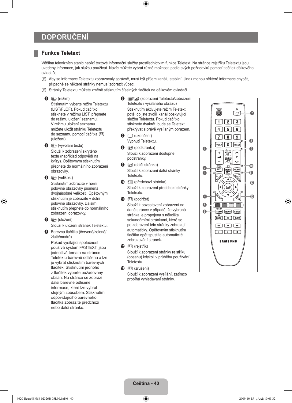 Doporučení, Funkce teletext | Samsung LE46B620R3W User Manual | Page 344 / 502