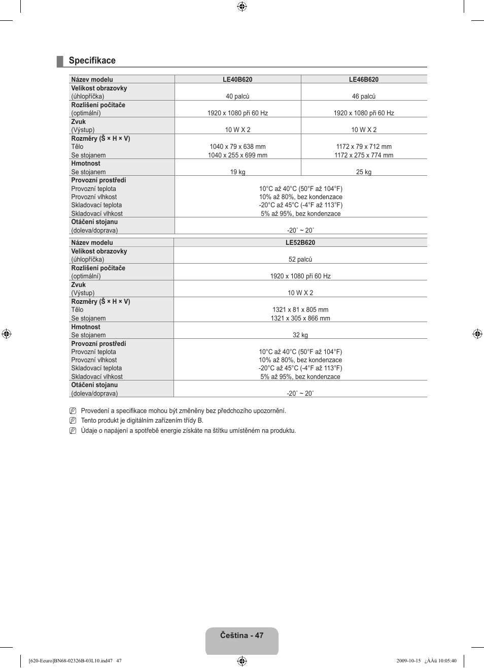 Specifikace | Samsung LE46B620R3W User Manual | Page 351 / 502