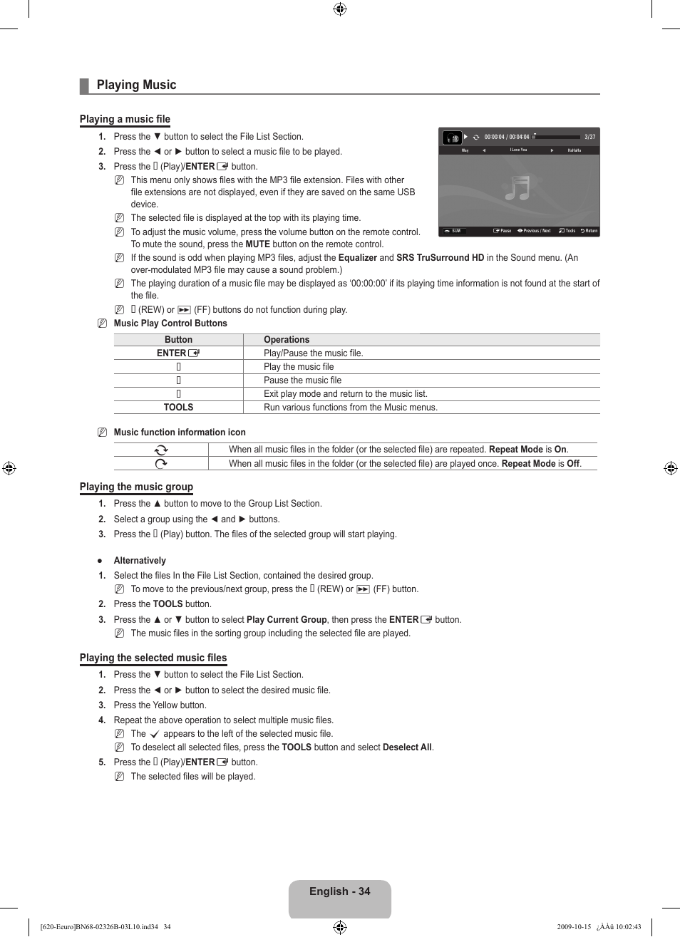 Playing music | Samsung LE46B620R3W User Manual | Page 36 / 502
