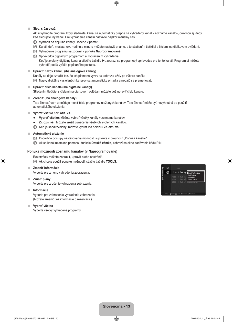 Slovenčina - 13, Ponuka možností zoznamu kanálov (v naprogramované) | Samsung LE46B620R3W User Manual | Page 365 / 502
