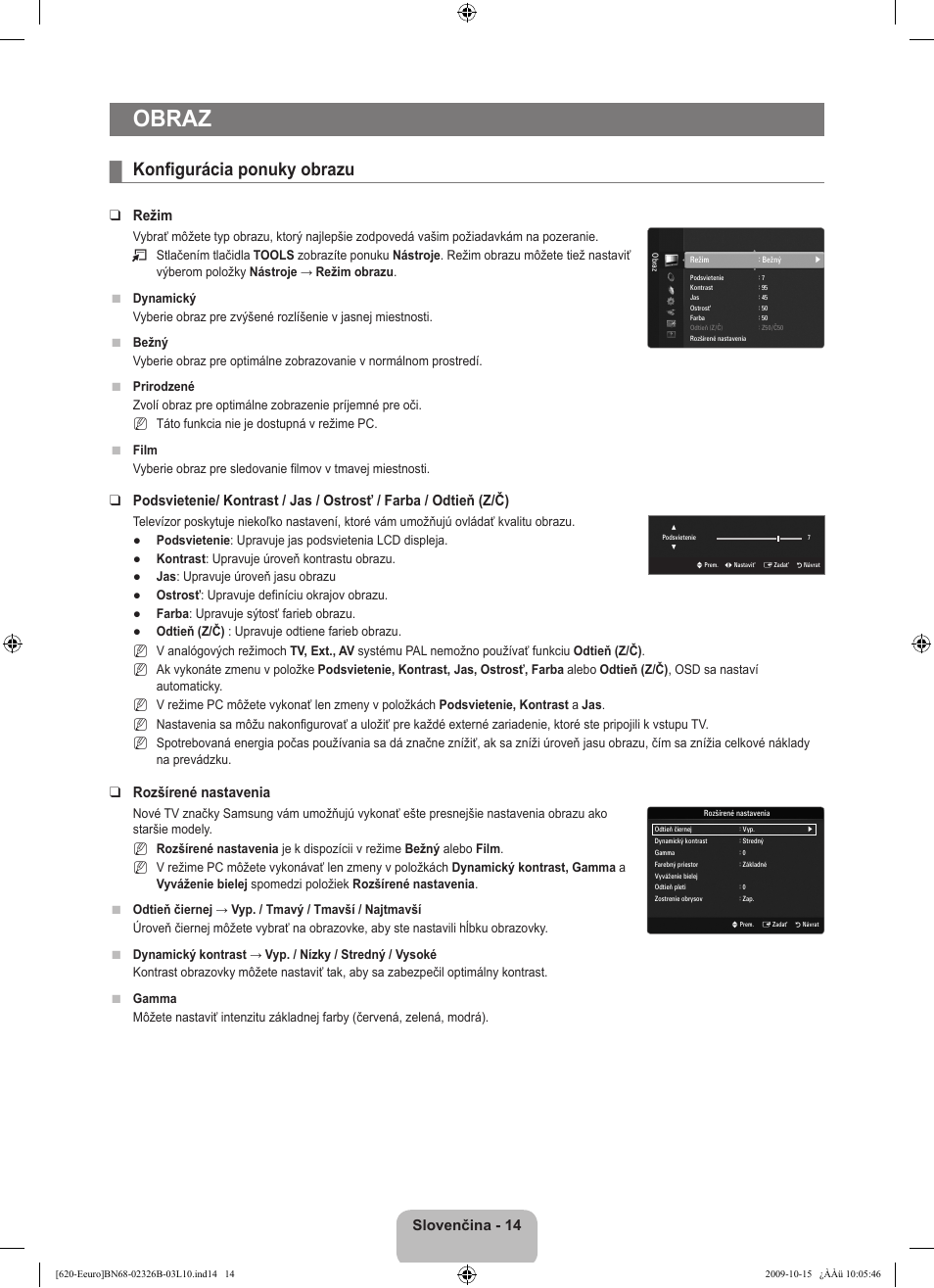 Obraz, Konfigurácia ponuky obrazu, Slovenčina - 14 | Režim, Rozšírené nastavenia | Samsung LE46B620R3W User Manual | Page 366 / 502