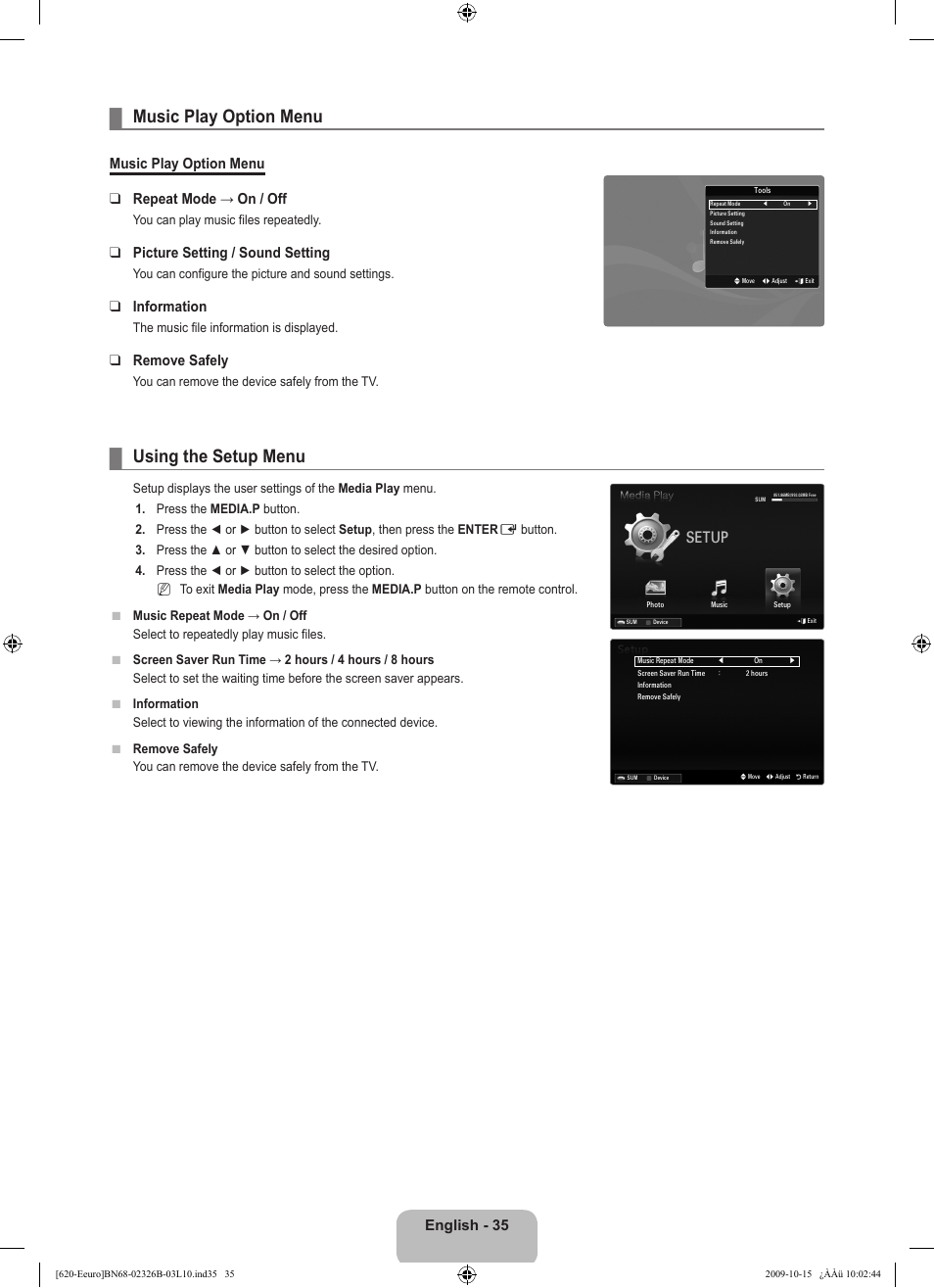 Music play option menu, Using the setup menu, Setup | English - 35, Music play option menu repeat mode → on / off, Picture setting / sound setting, Information, Remove safely | Samsung LE46B620R3W User Manual | Page 37 / 502