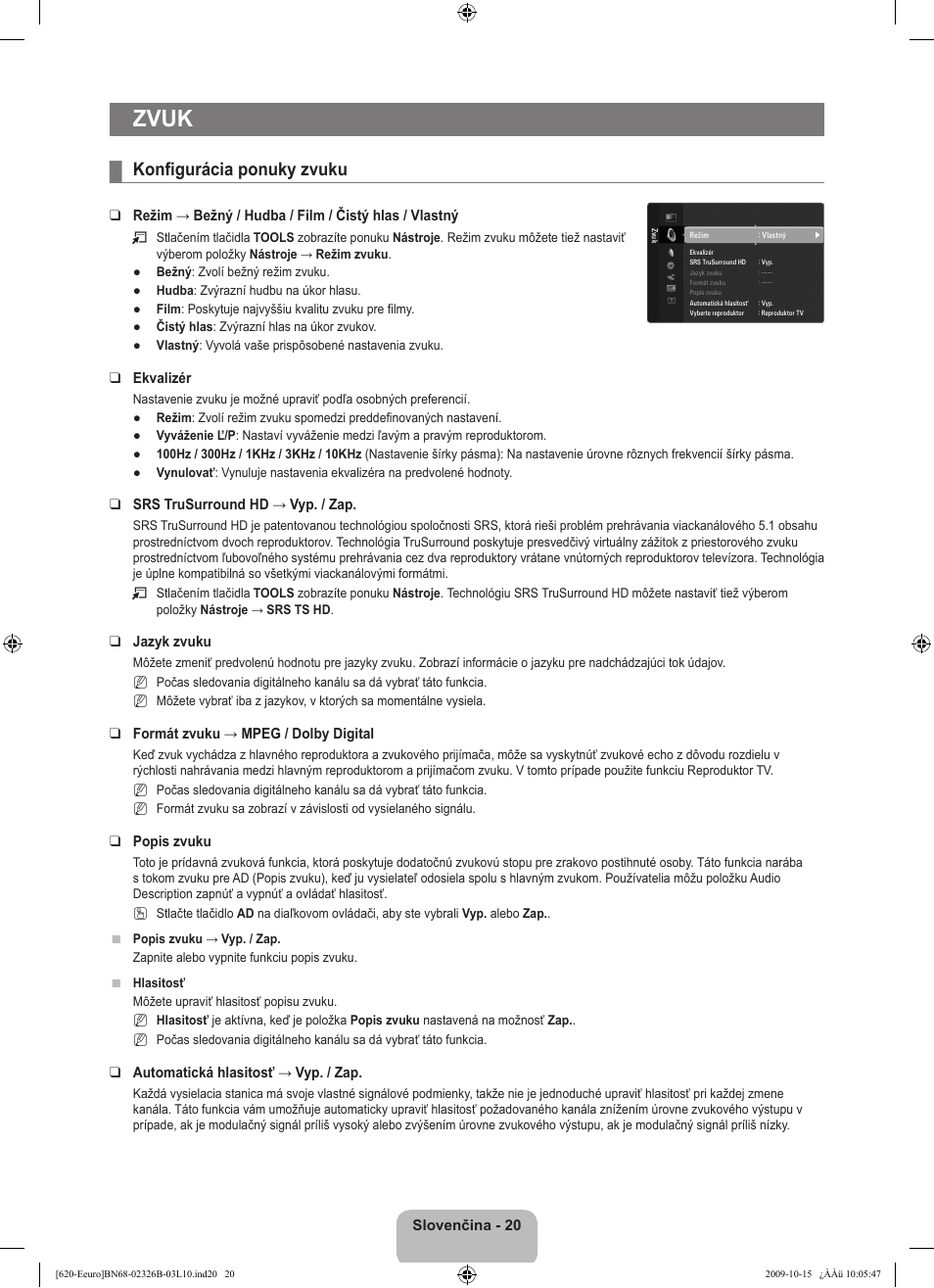 Zvuk, Konfigurácia ponuky zvuku | Samsung LE46B620R3W User Manual | Page 372 / 502