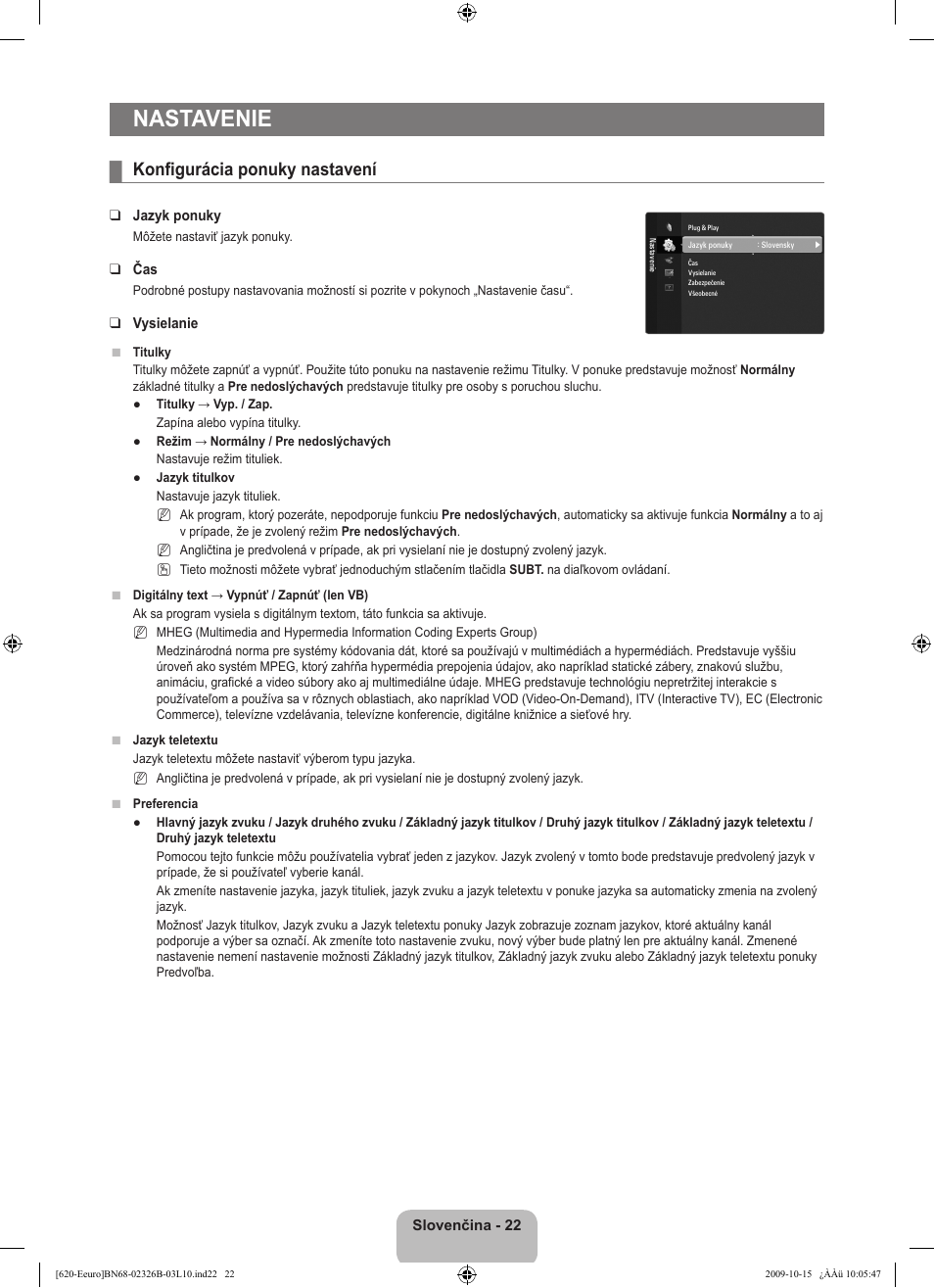 Nastavenie, Konfigurácia ponuky nastavení | Samsung LE46B620R3W User Manual | Page 374 / 502