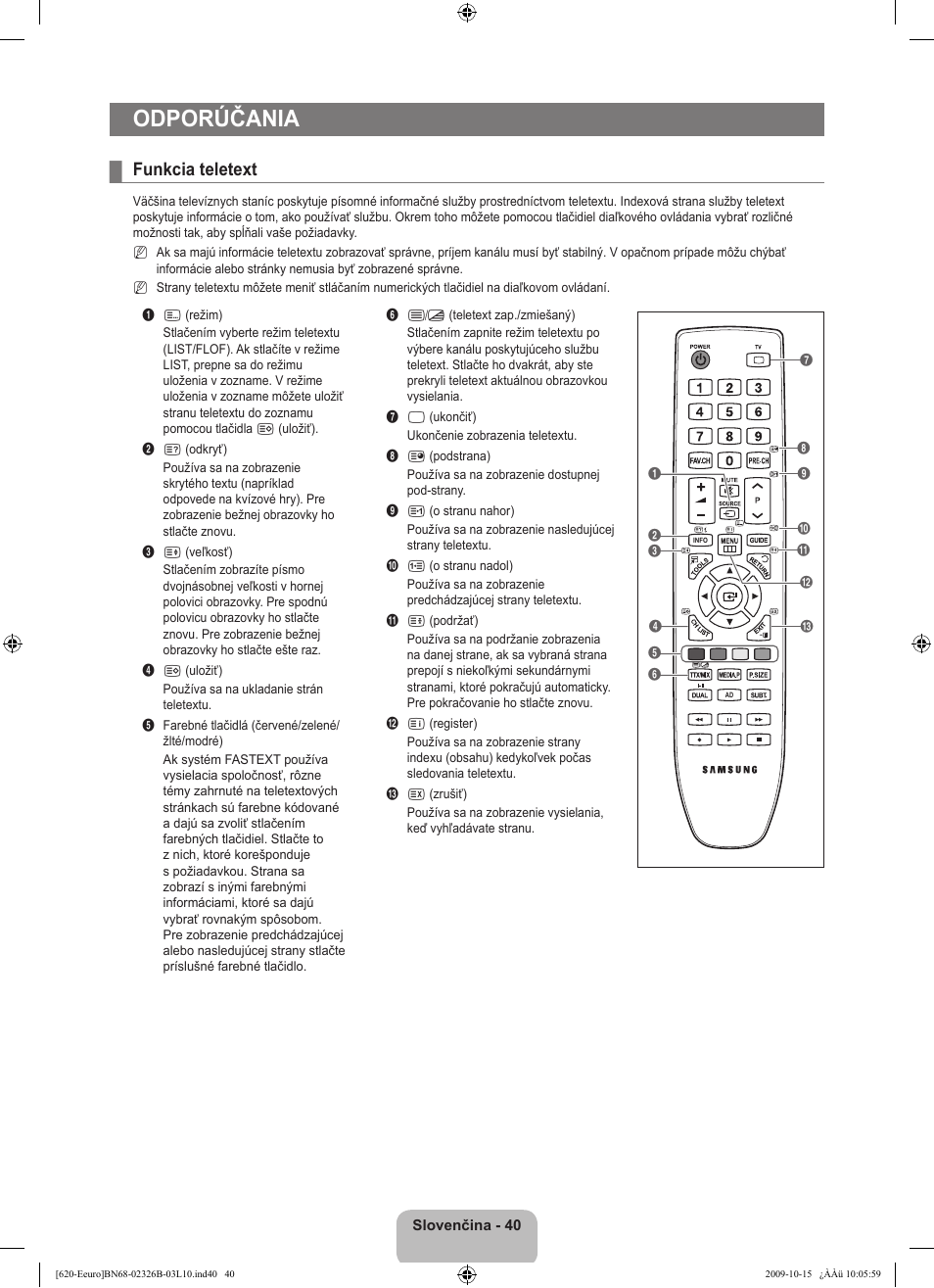 Odporúčania, Funkcia teletext | Samsung LE46B620R3W User Manual | Page 392 / 502
