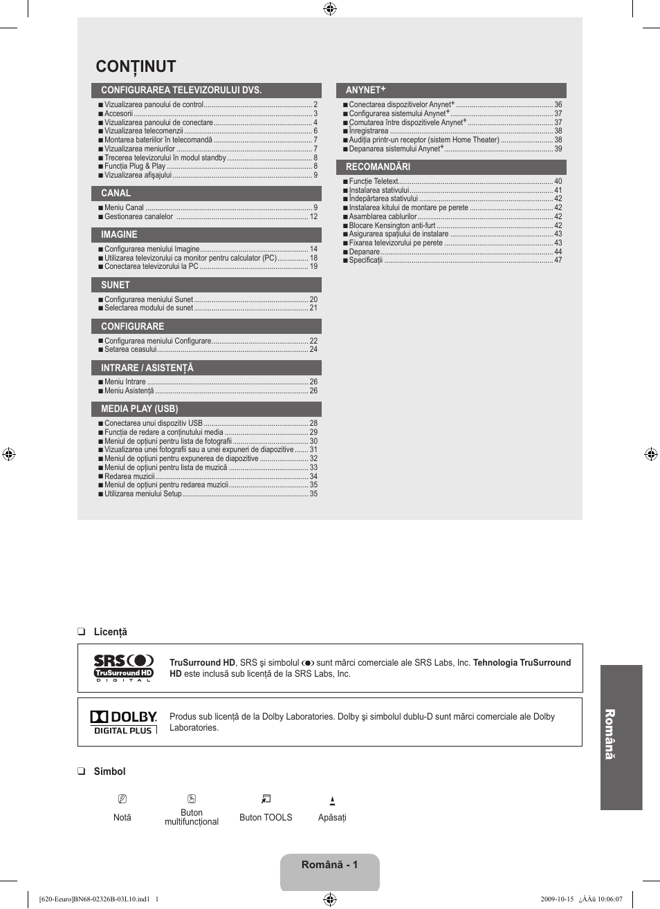 Conţinut, Română | Samsung LE46B620R3W User Manual | Page 401 / 502