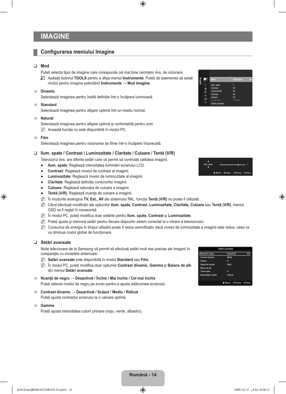 Imagine, Configurarea meniului imagine, Română - 14 | Setări avansate | Samsung LE46B620R3W User Manual | Page 414 / 502