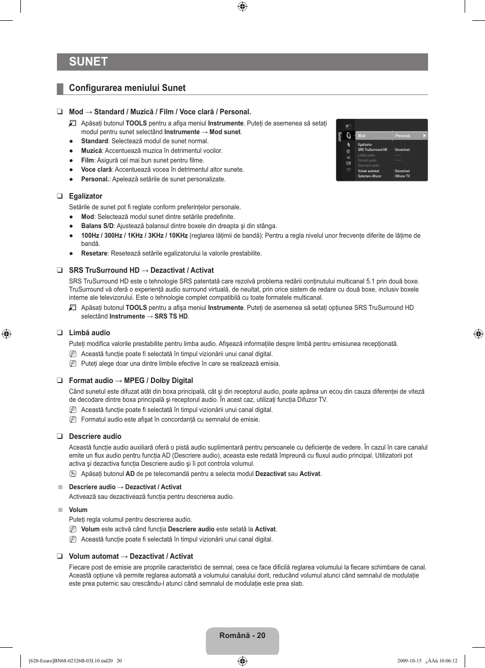 Sunet, Configurarea meniului sunet | Samsung LE46B620R3W User Manual | Page 420 / 502