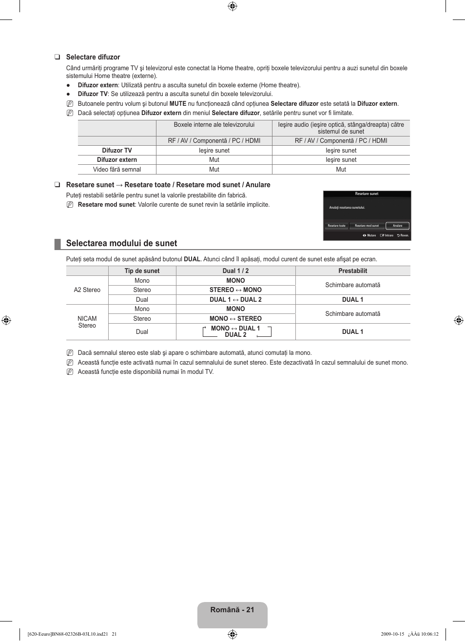 Selectarea modului de sunet | Samsung LE46B620R3W User Manual | Page 421 / 502