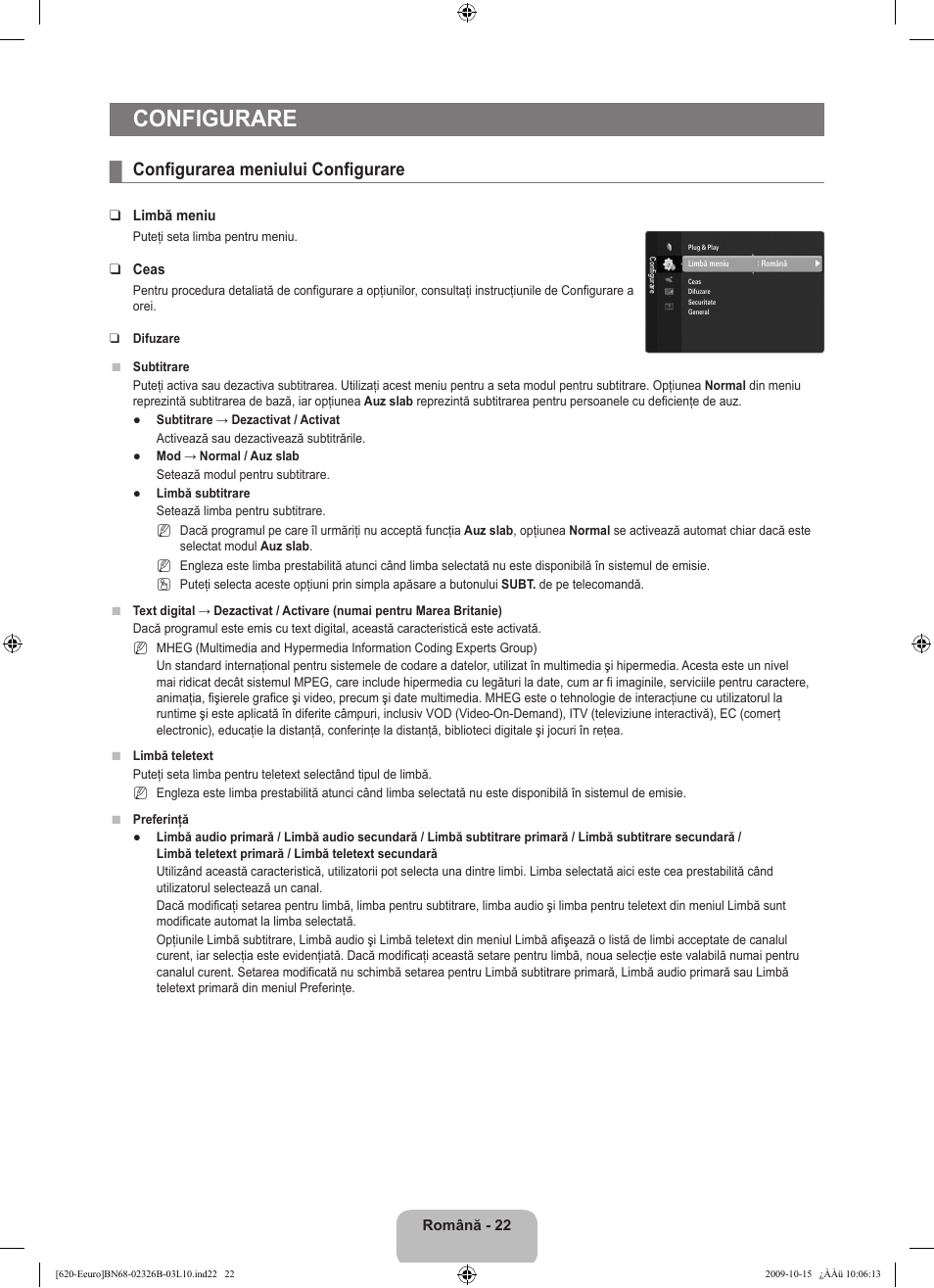 Configurare, Configurarea meniului configurare | Samsung LE46B620R3W User Manual | Page 422 / 502