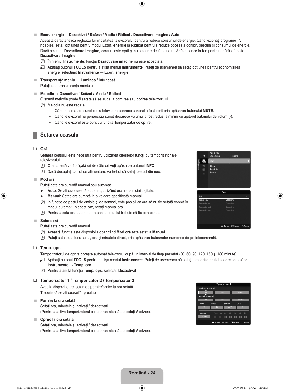 Setarea ceasului, Română - 24, Temp. opr | Temporizator 1 / temporizator 2 / temporizator 3 | Samsung LE46B620R3W User Manual | Page 424 / 502