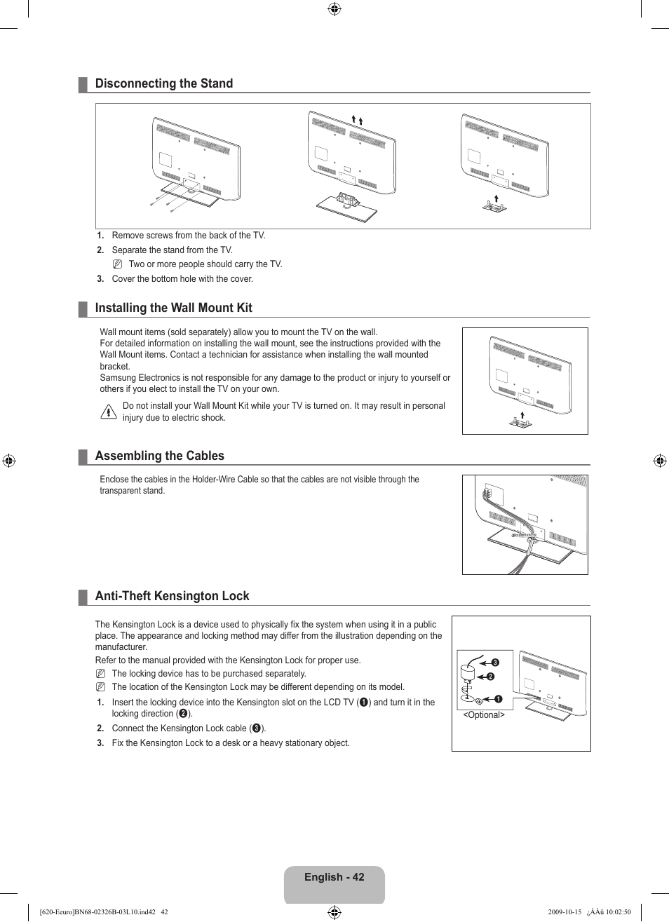 Disconnecting the stand, Installing the wall mount kit, Assembling the cables | Anti-theft kensington lock | Samsung LE46B620R3W User Manual | Page 44 / 502