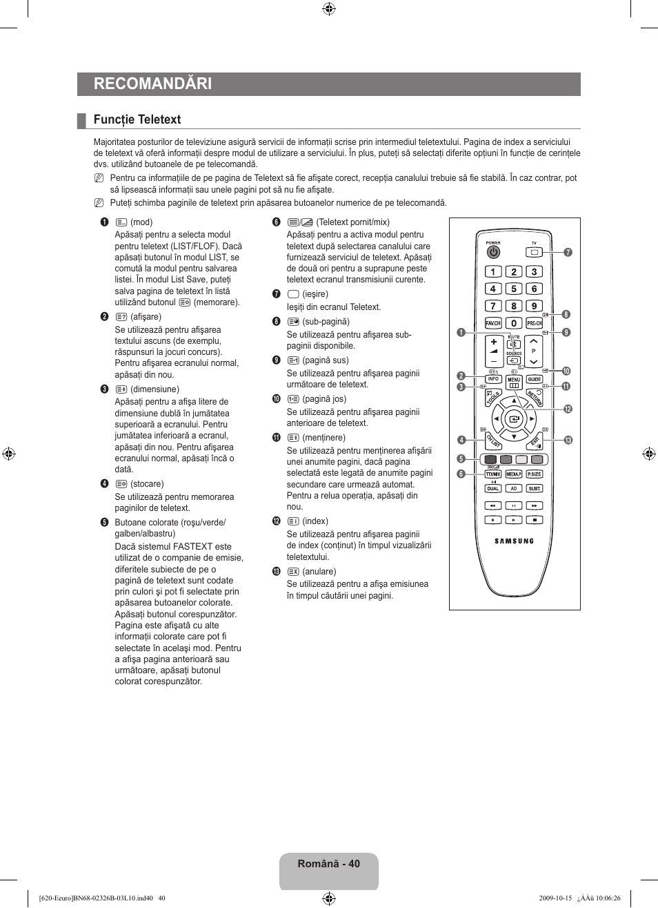 Recomandări, Funcţie teletext | Samsung LE46B620R3W User Manual | Page 440 / 502