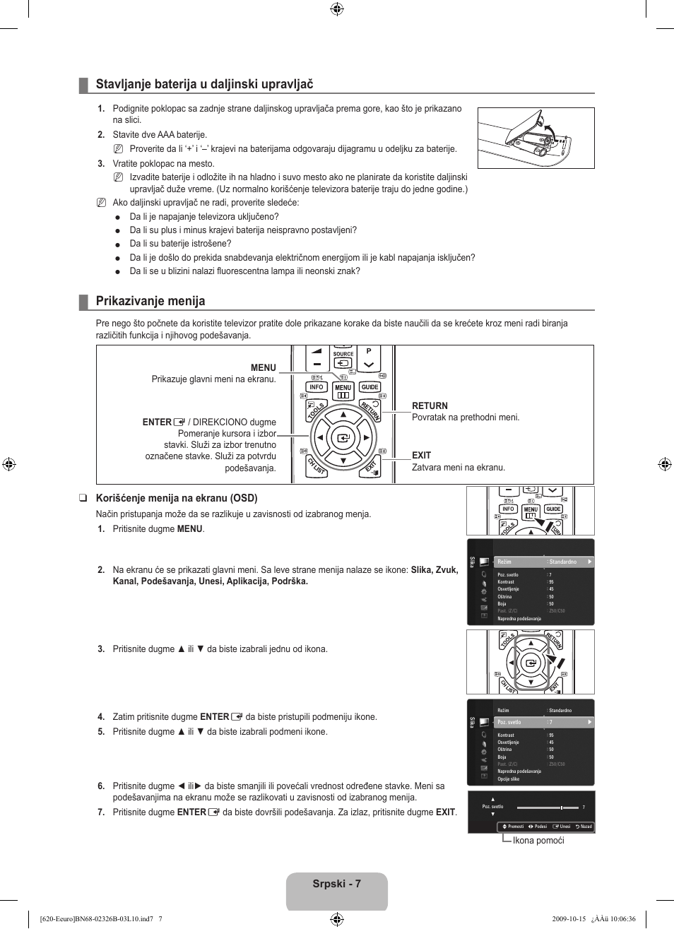 Operation, Stavljanje baterija u daljinski upravljač, Prikazivanje menija | Srpski, Korišćenje menija na ekranu (osd) | Samsung LE46B620R3W User Manual | Page 455 / 502