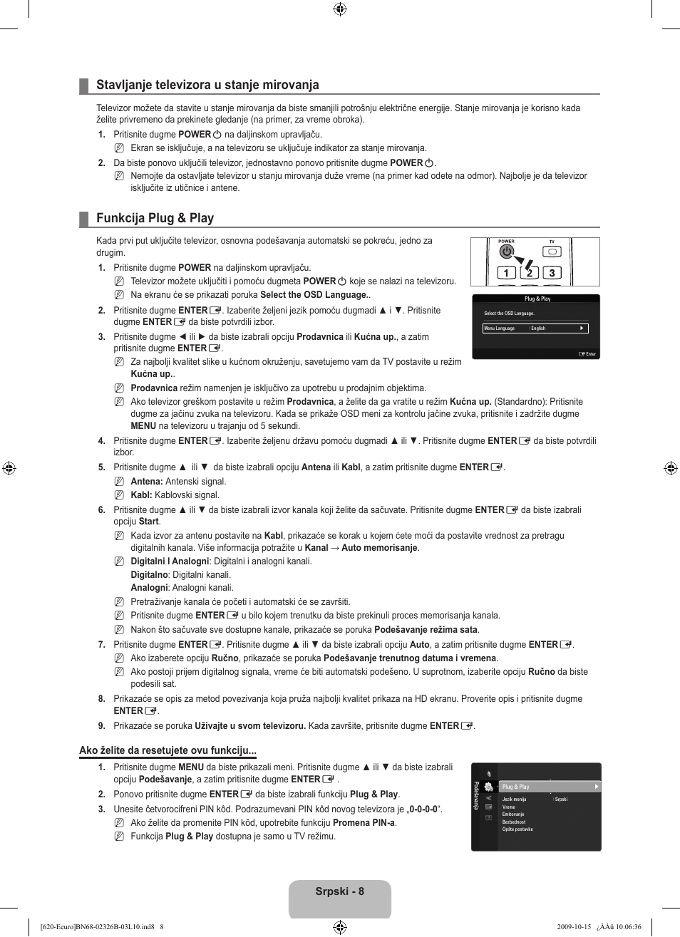 Stavljanje televizora u stanje mirovanja, Funkcija plug & play | Samsung LE46B620R3W User Manual | Page 456 / 502