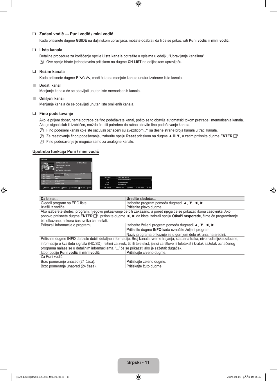 Srpski - 11 zadani vodič → puni vodič / mini vodič, Lista kanala, Režim kanala | Fino podešavanje, Upotreba funkcija puni / mini vodič | Samsung LE46B620R3W User Manual | Page 459 / 502