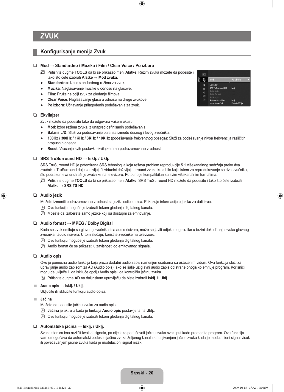 Zvuk, Konfigurisanje menija zvuk | Samsung LE46B620R3W User Manual | Page 468 / 502