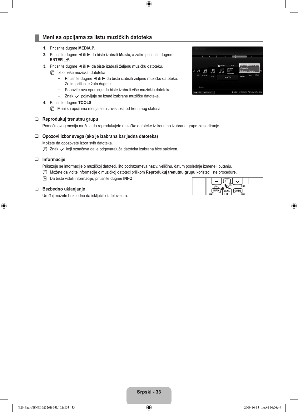 Meni sa opcijama za listu muzičkih datoteka, Srpski - 33, Reprodukuj trenutnu grupu | Informacije, Bezbedno uklanjanje | Samsung LE46B620R3W User Manual | Page 481 / 502