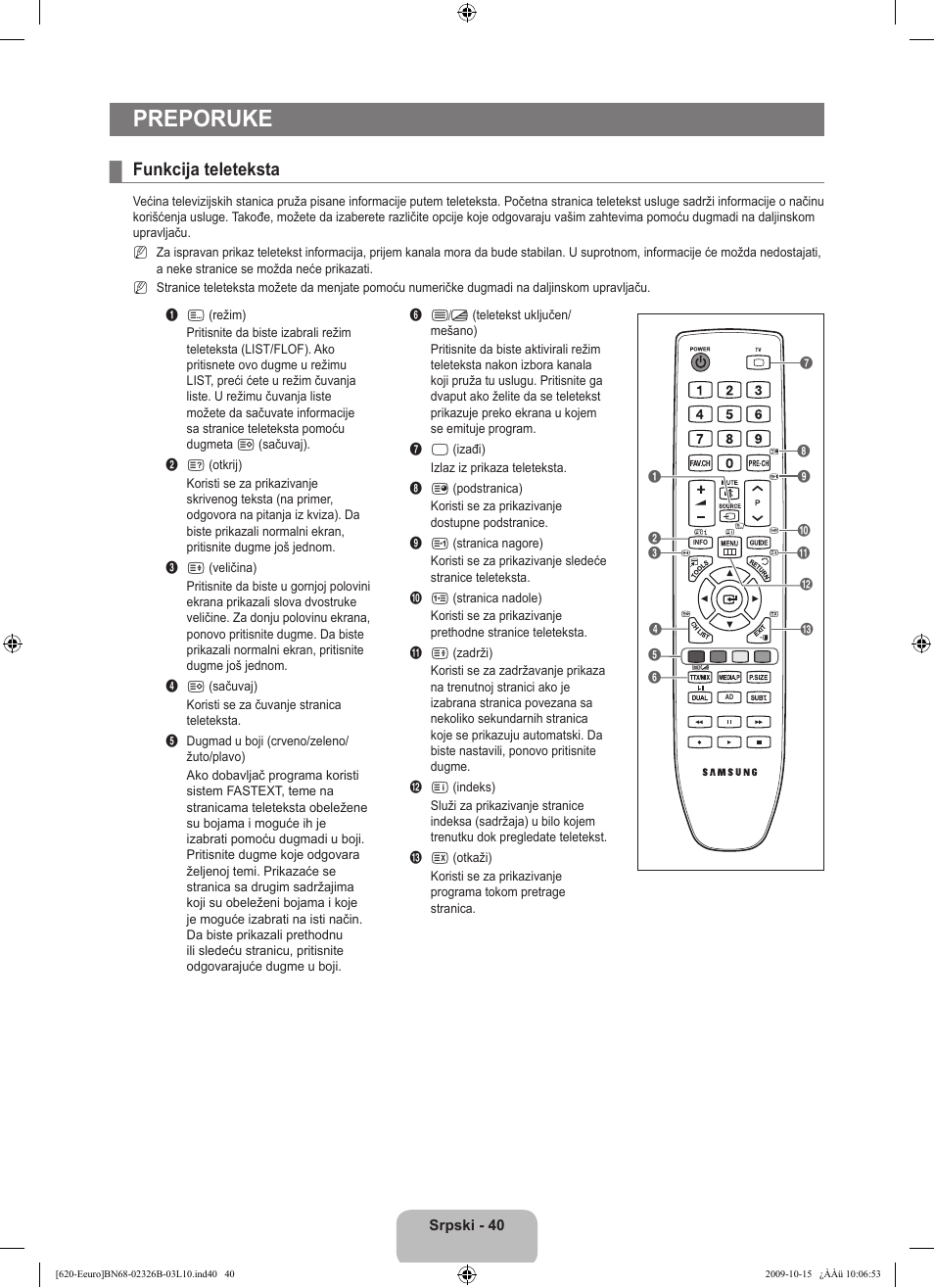 Preporuke, Funkcija teleteksta | Samsung LE46B620R3W User Manual | Page 488 / 502