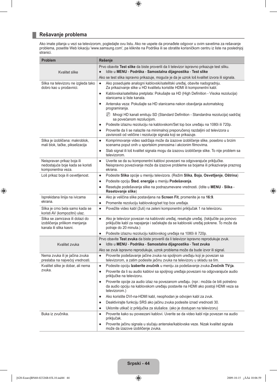 Rešavanje problema | Samsung LE46B620R3W User Manual | Page 492 / 502